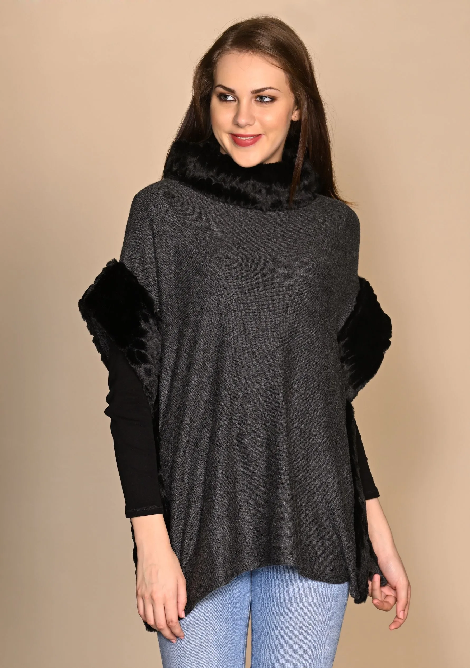 Charcoal Melange Knitted Fine Wool Poncho with Black Embossed Fur Neck and Side Panels