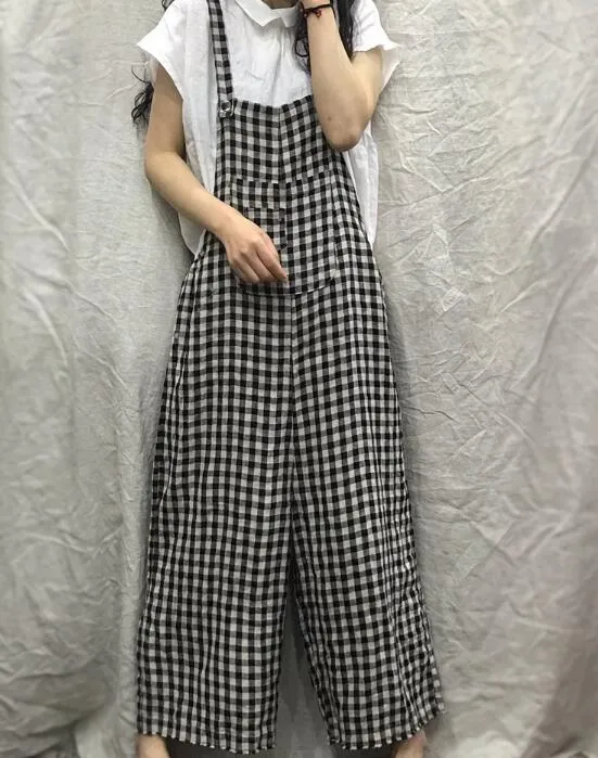 Checked Loose Casual Spring Summer Denim Overall Loose Women Jumpsuits QYCQ05165