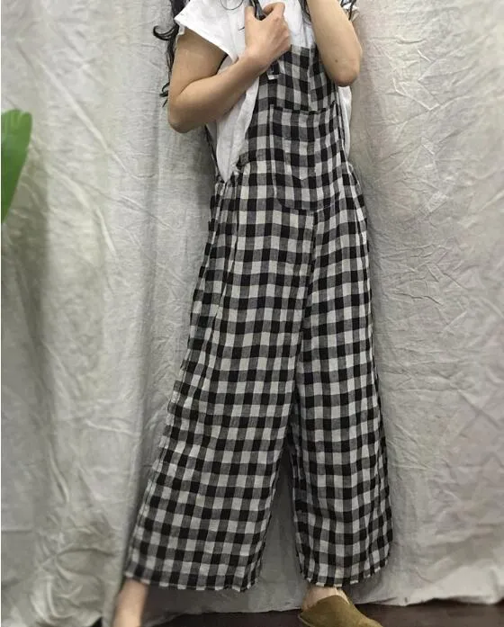 Checked Loose Casual Spring Summer Denim Overall Loose Women Jumpsuits QYCQ05165