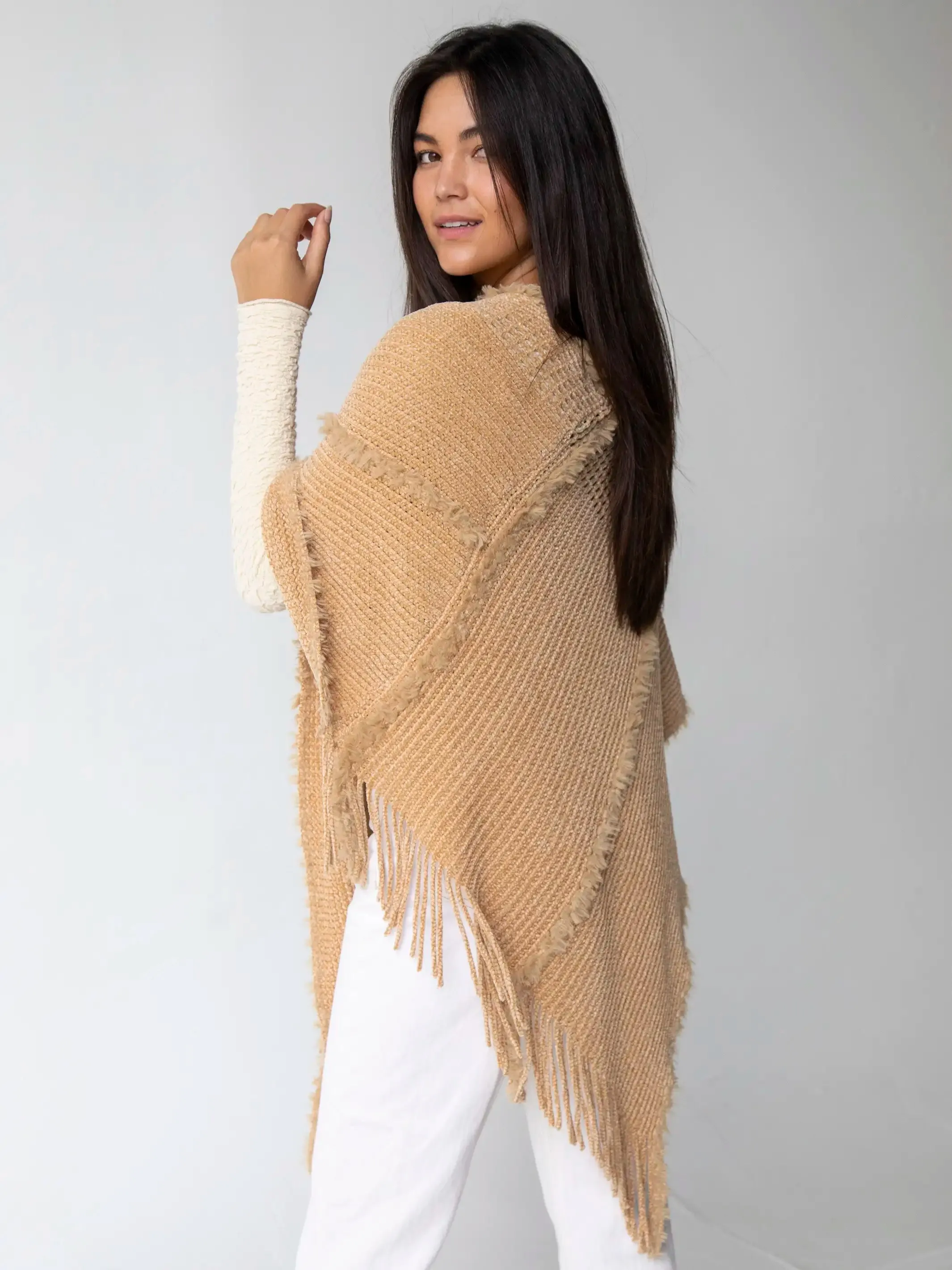 Chenille Poncho Scarf - Tan