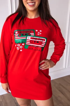 Christmas Cassettes on Red Long sleeve Sweater Dress