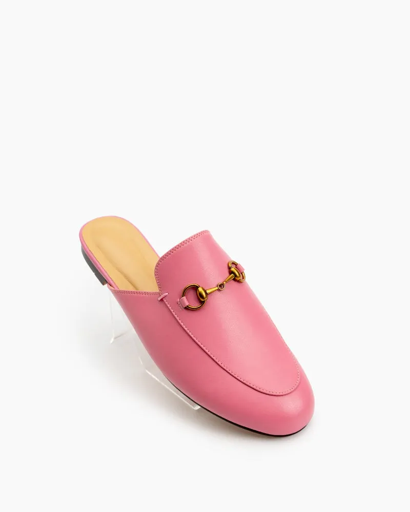 Classic Metal Buckle Leather Slide Slip On Flat Mules