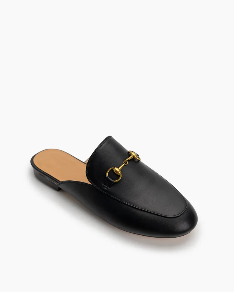 Classic Metal Buckle Leather Slide Slip On Flat Mules