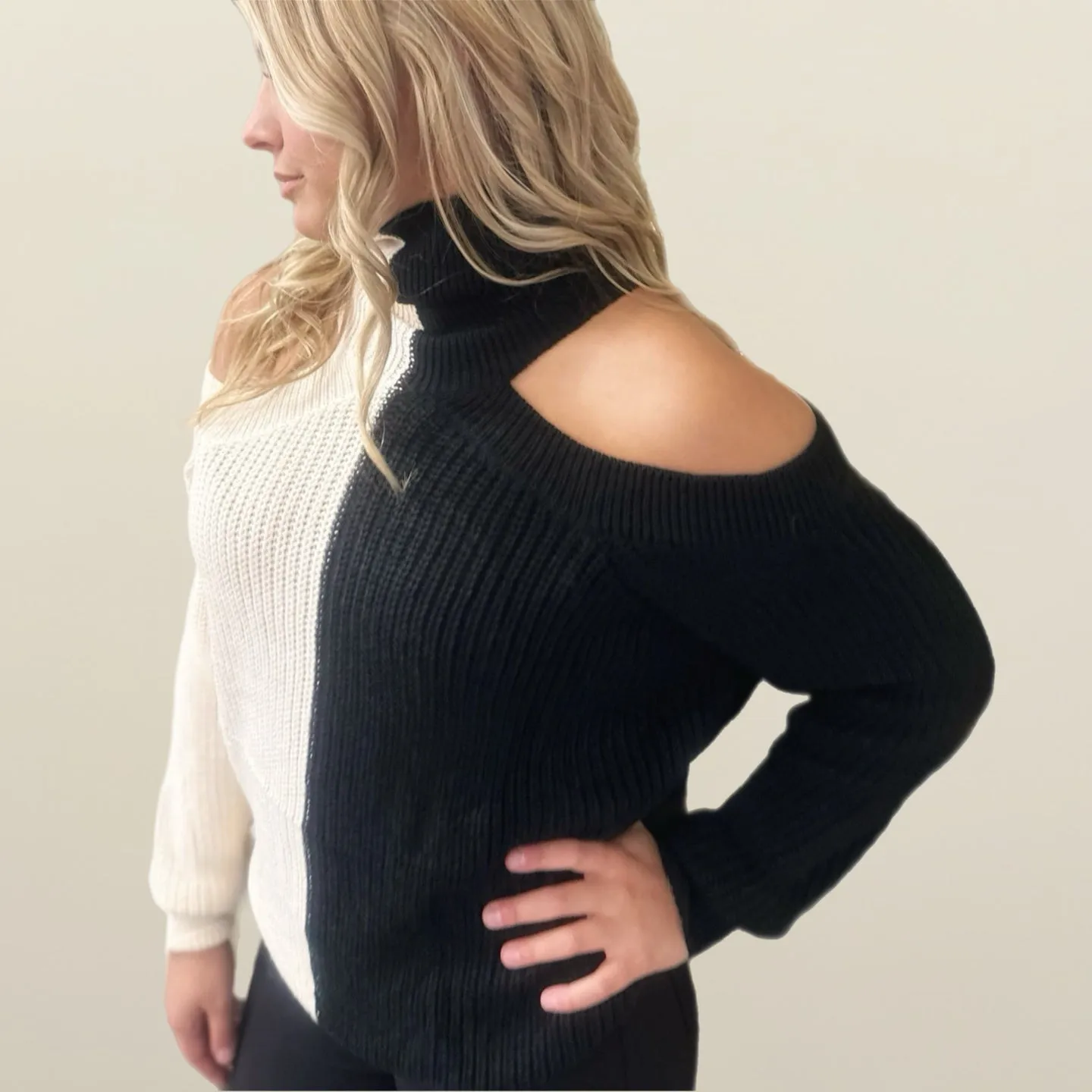 Color Block Mock Neck with Cold Shoulder Sweater