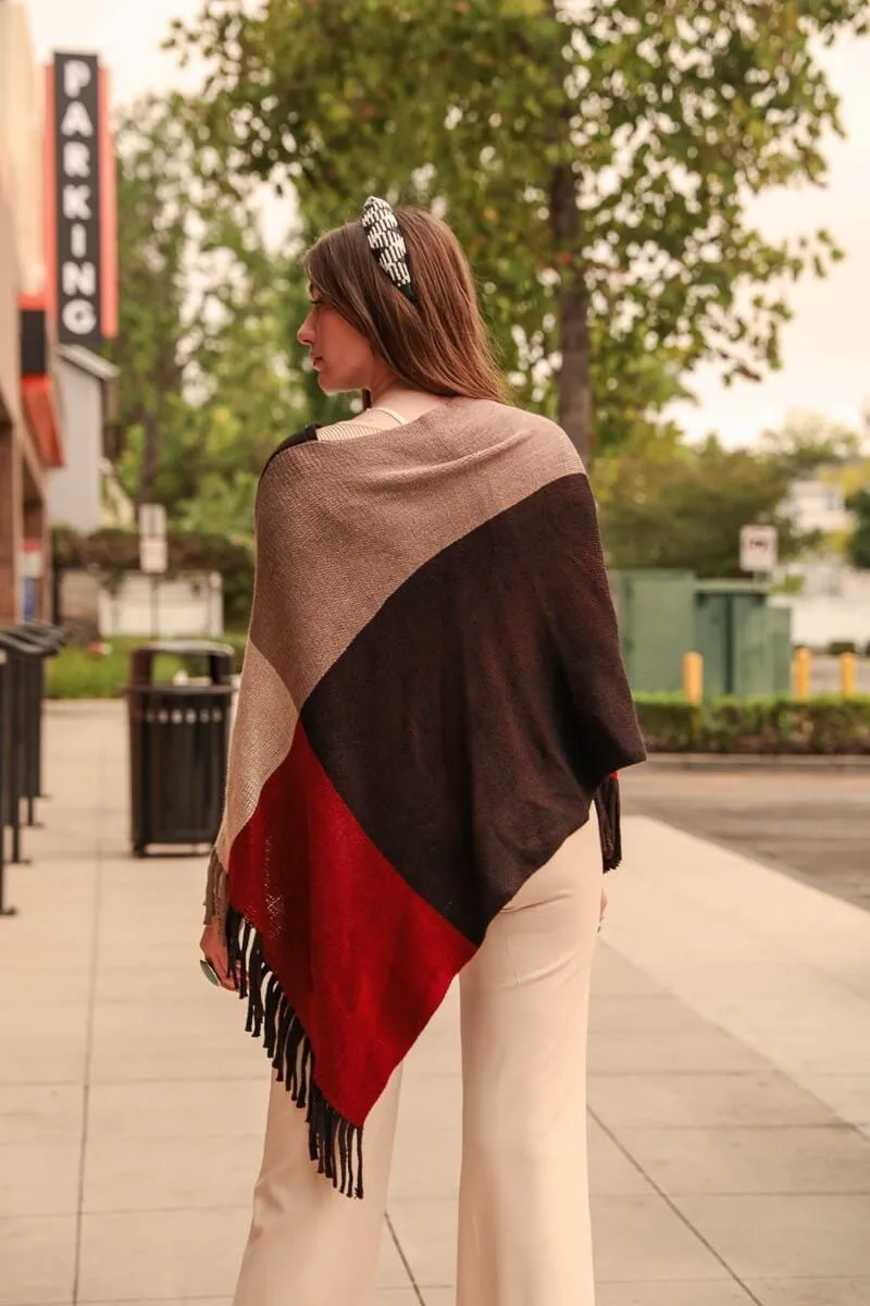 Color Block Tasseled Poncho