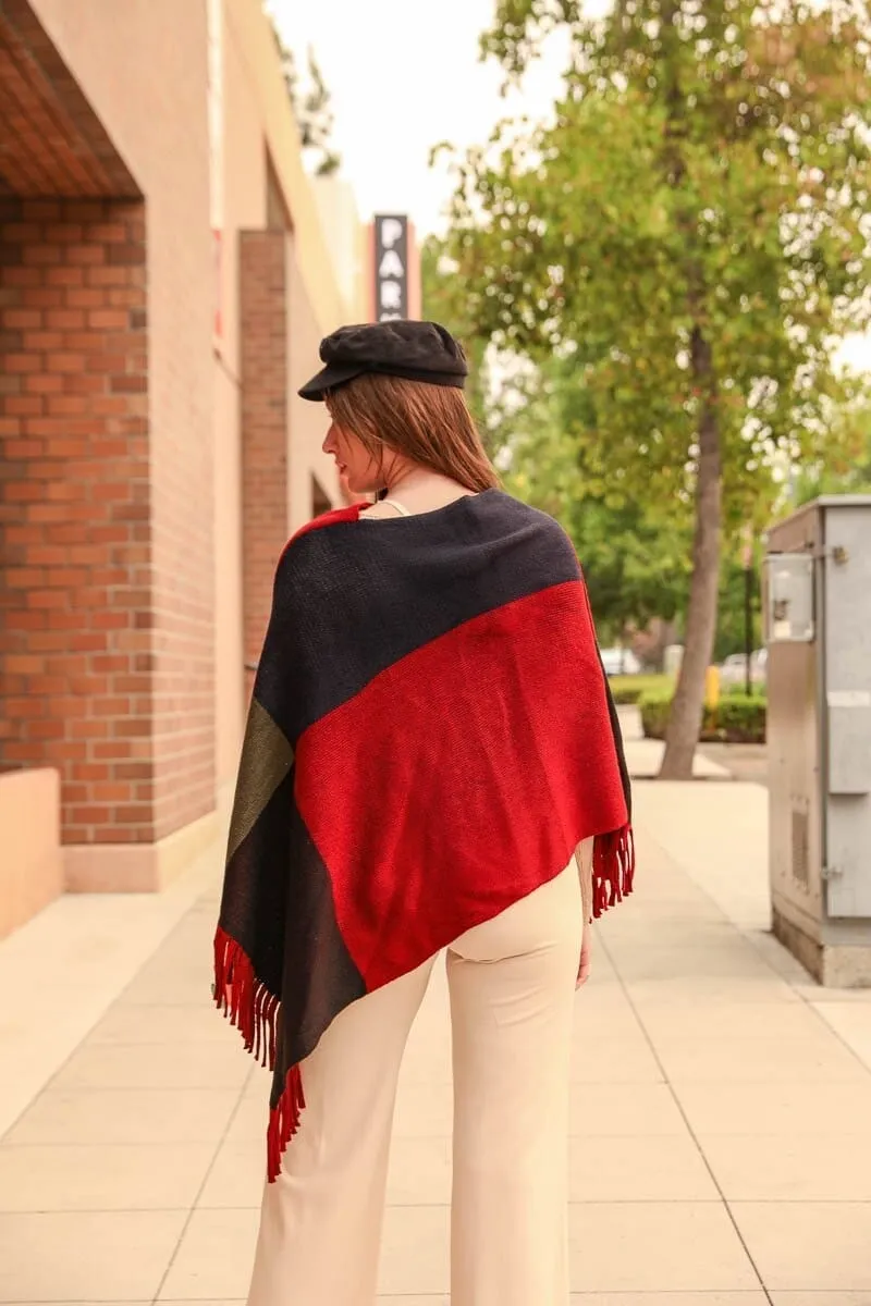 Color Block Tasseled Poncho