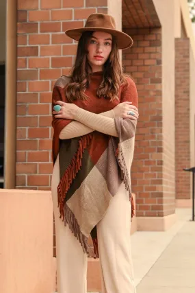 Color Block Tasseled Poncho