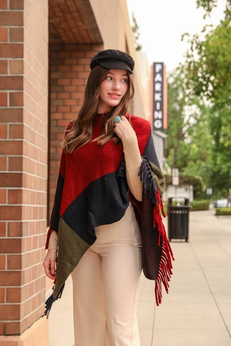 Color Block Tasseled Poncho