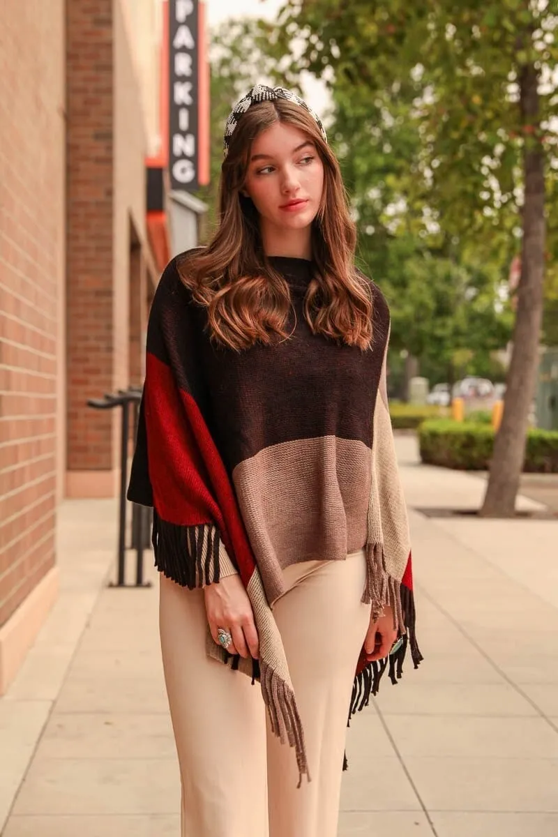 Color Block Tasseled Poncho