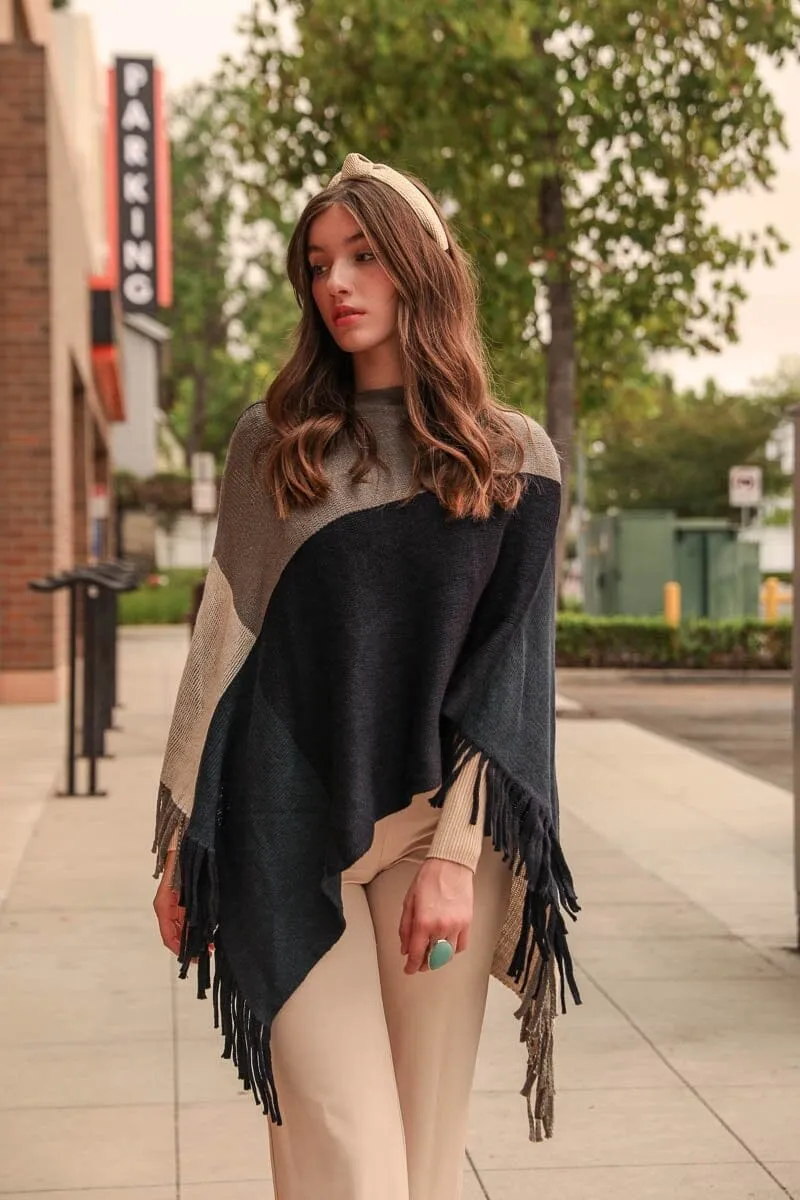 Color Block Tasseled Poncho