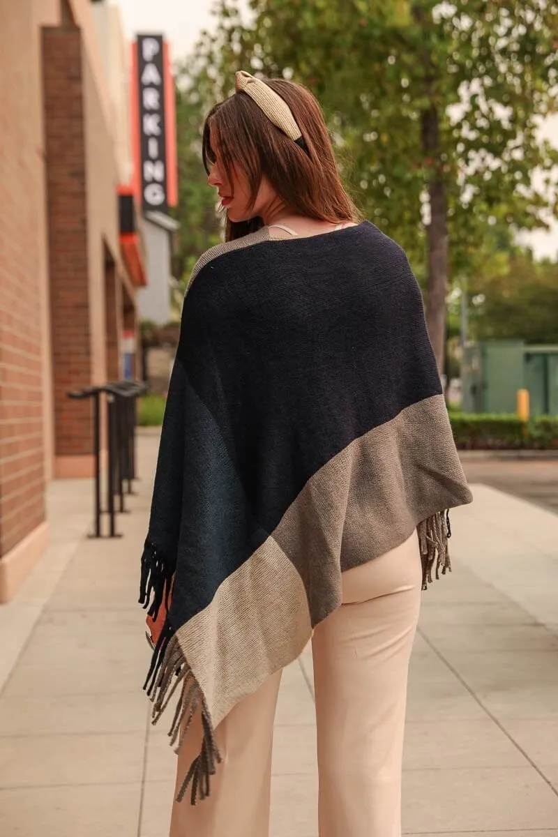 Color Block Tasseled Poncho