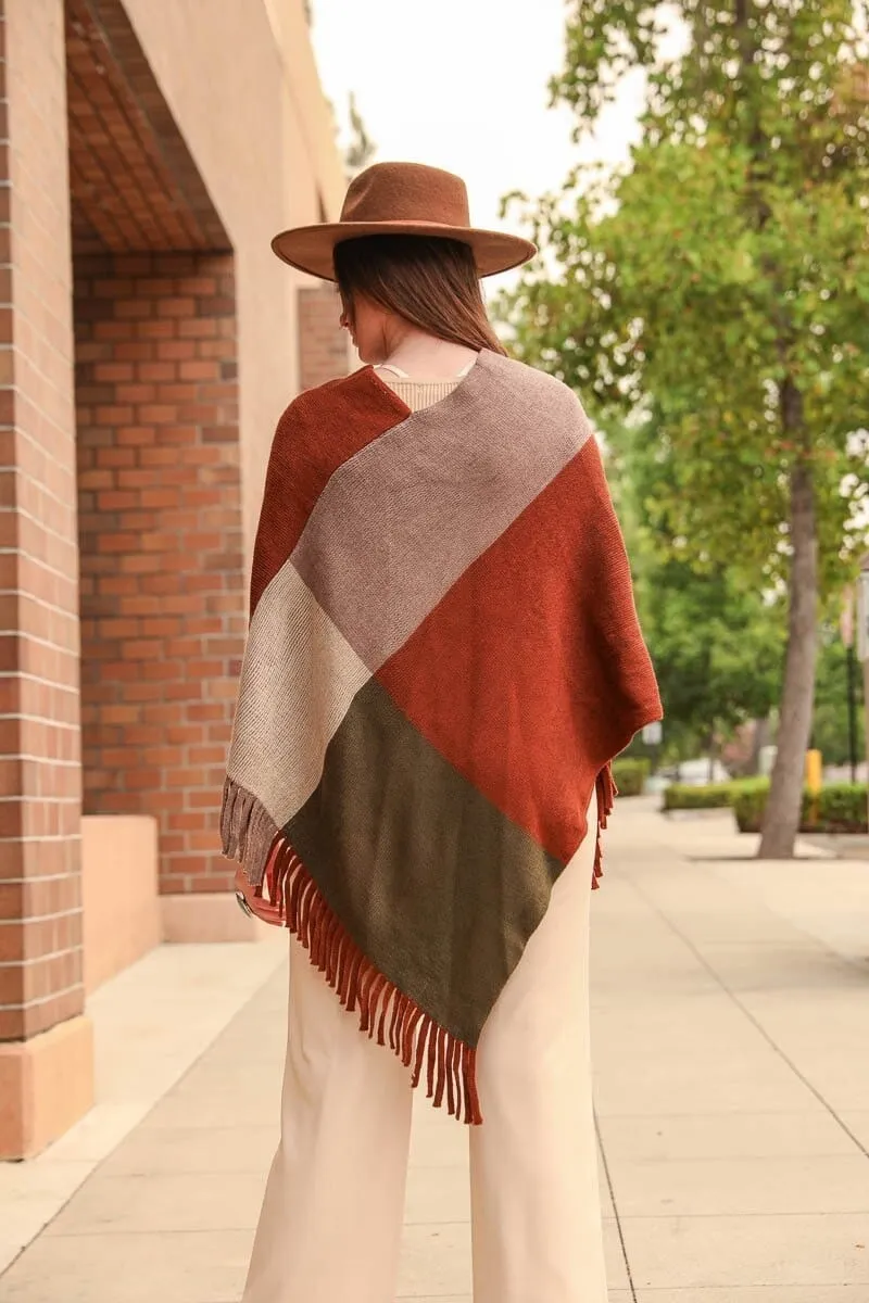 Color Block Tasseled Poncho