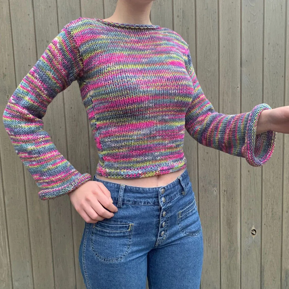 Colorful Crew Neck Bell Sleeve Roll Trim Space Dye Knit Cropped Sweater