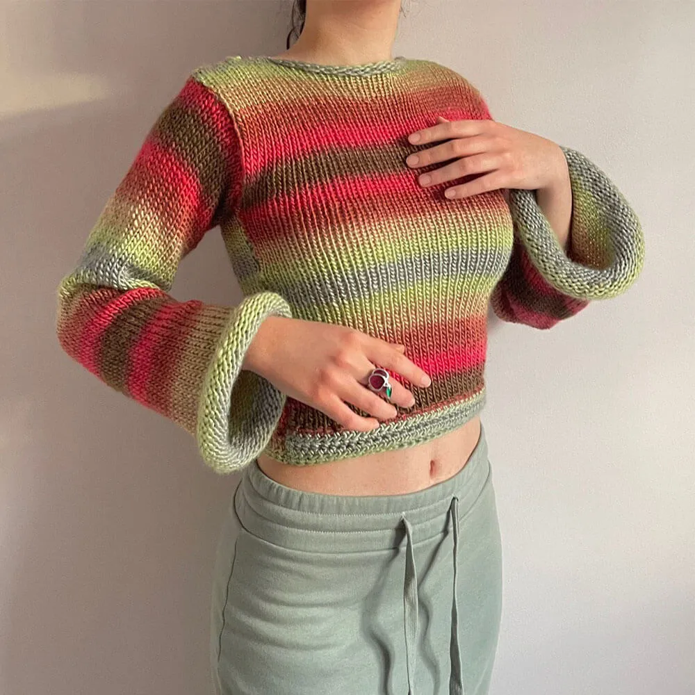 Colorful Crew Neck Bell Sleeve Roll Trim Space Dye Knit Cropped Sweater