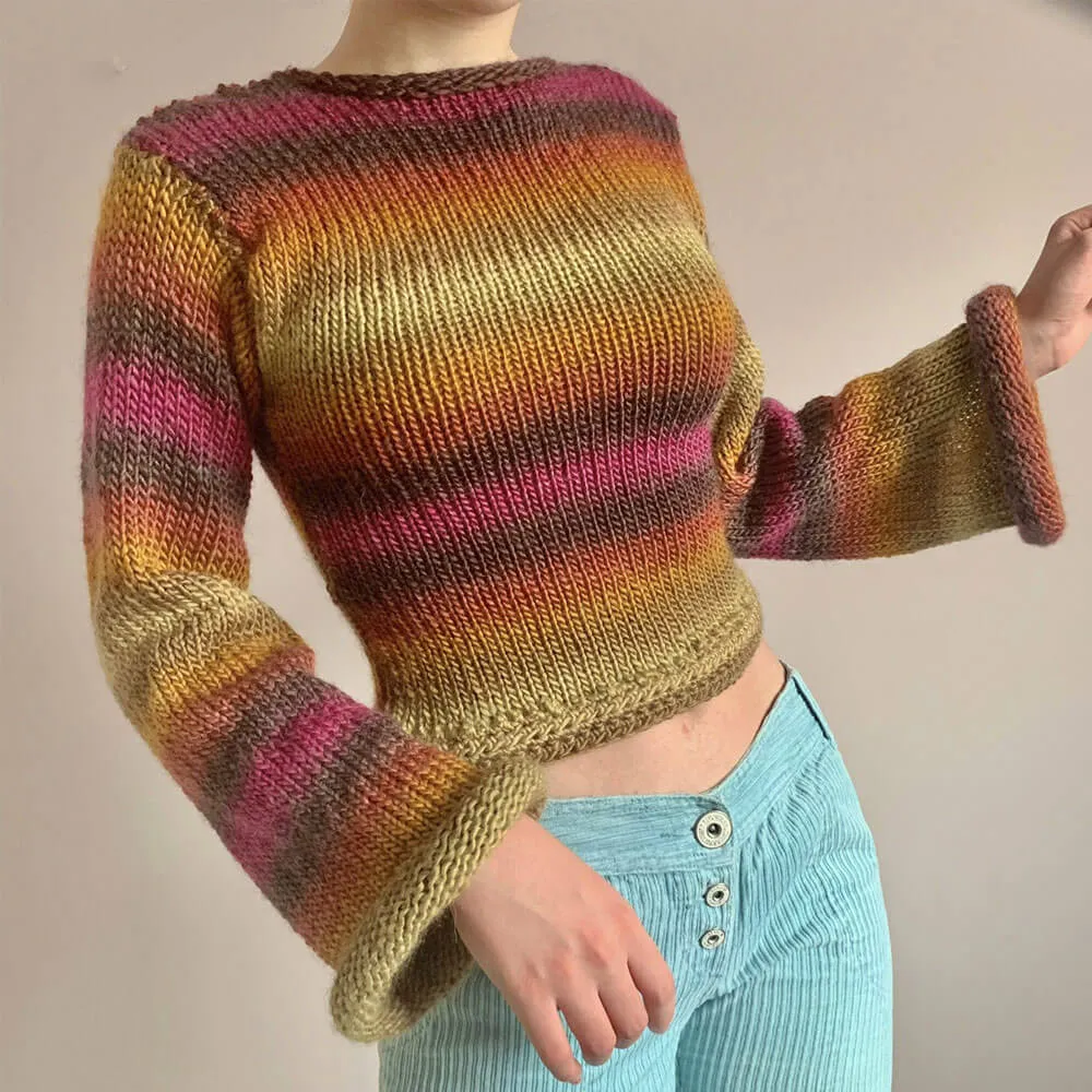 Colorful Crew Neck Bell Sleeve Roll Trim Space Dye Knit Cropped Sweater