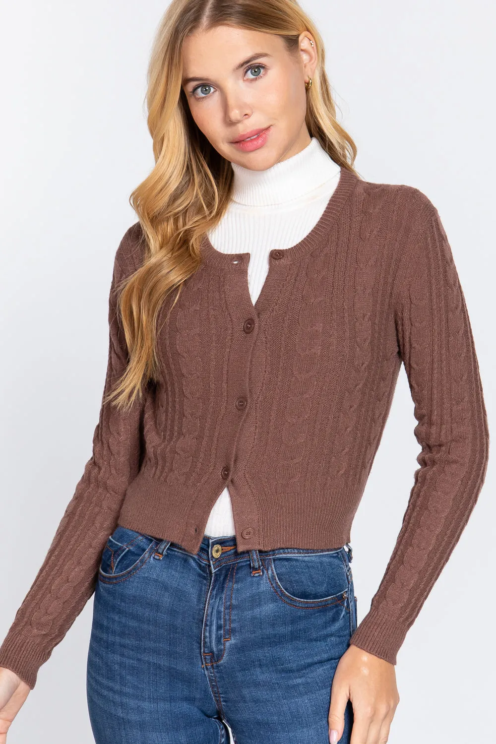 Crew Neck Cable Sweater Cardigan - 4 colors