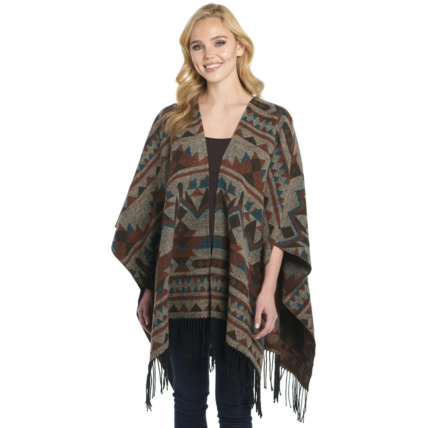 Cripple Creek Womens Open Front Blanket Wrap Chocolate Topaz Polyester Poncho