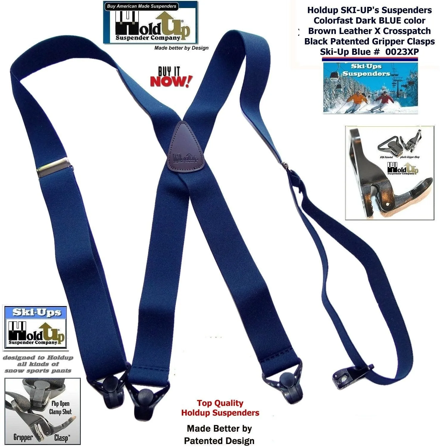 Dark Blue Holdup Brand Snow Ski X-back Suspenders with USA Patented black Gripper Clasps