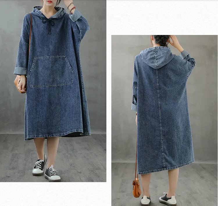 Denim Hooded Dress Autumn Cotton Linen Women Dresses DZA208232