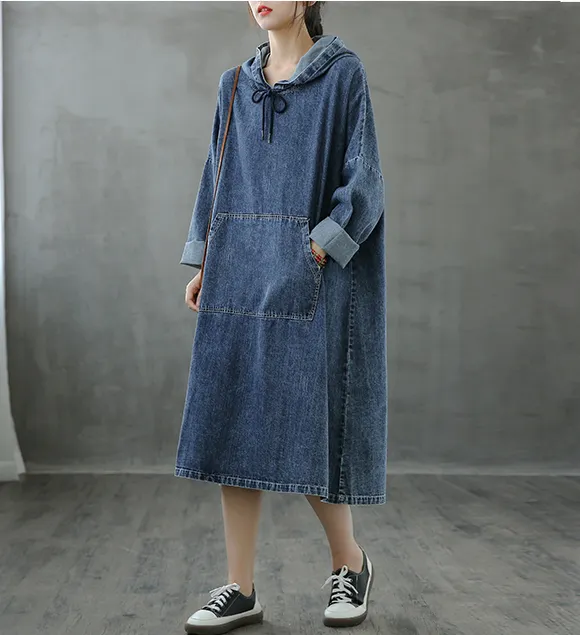 Denim Hooded Dress Autumn Cotton Linen Women Dresses DZA208232