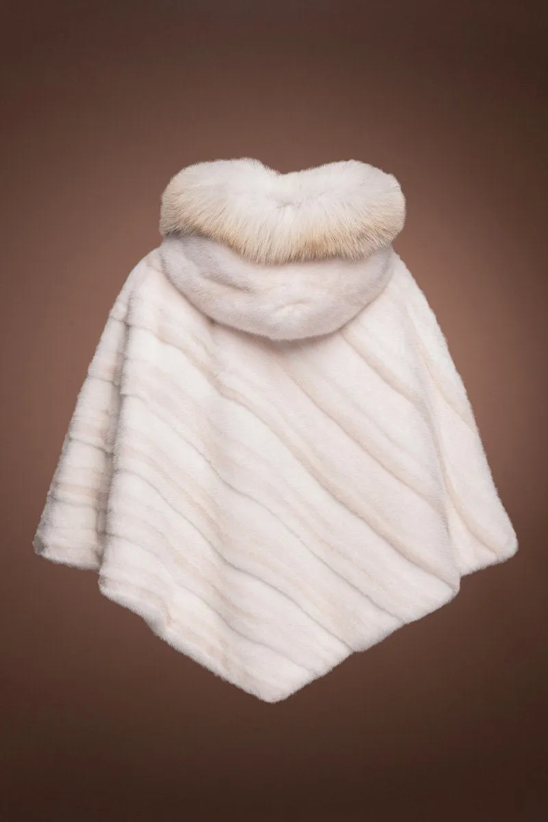 Diagonal Pearl Cross & White Mink Fur Poncho - Fox Trimmed Hood