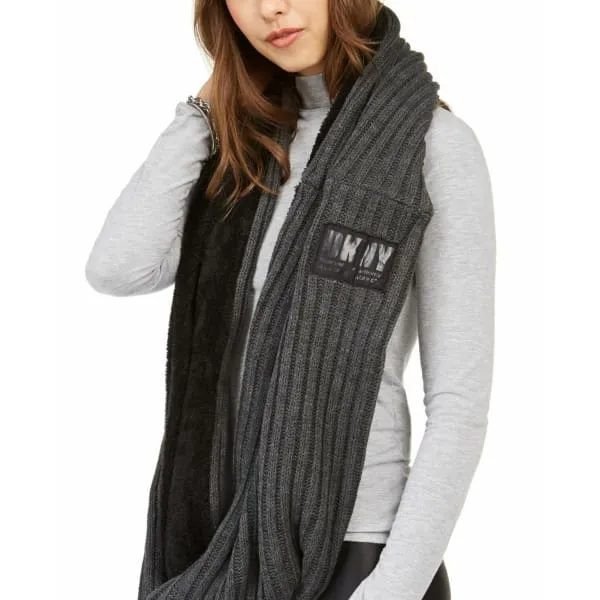 DKNY Womens Fleece Line Knit Infinity Scarf Grey