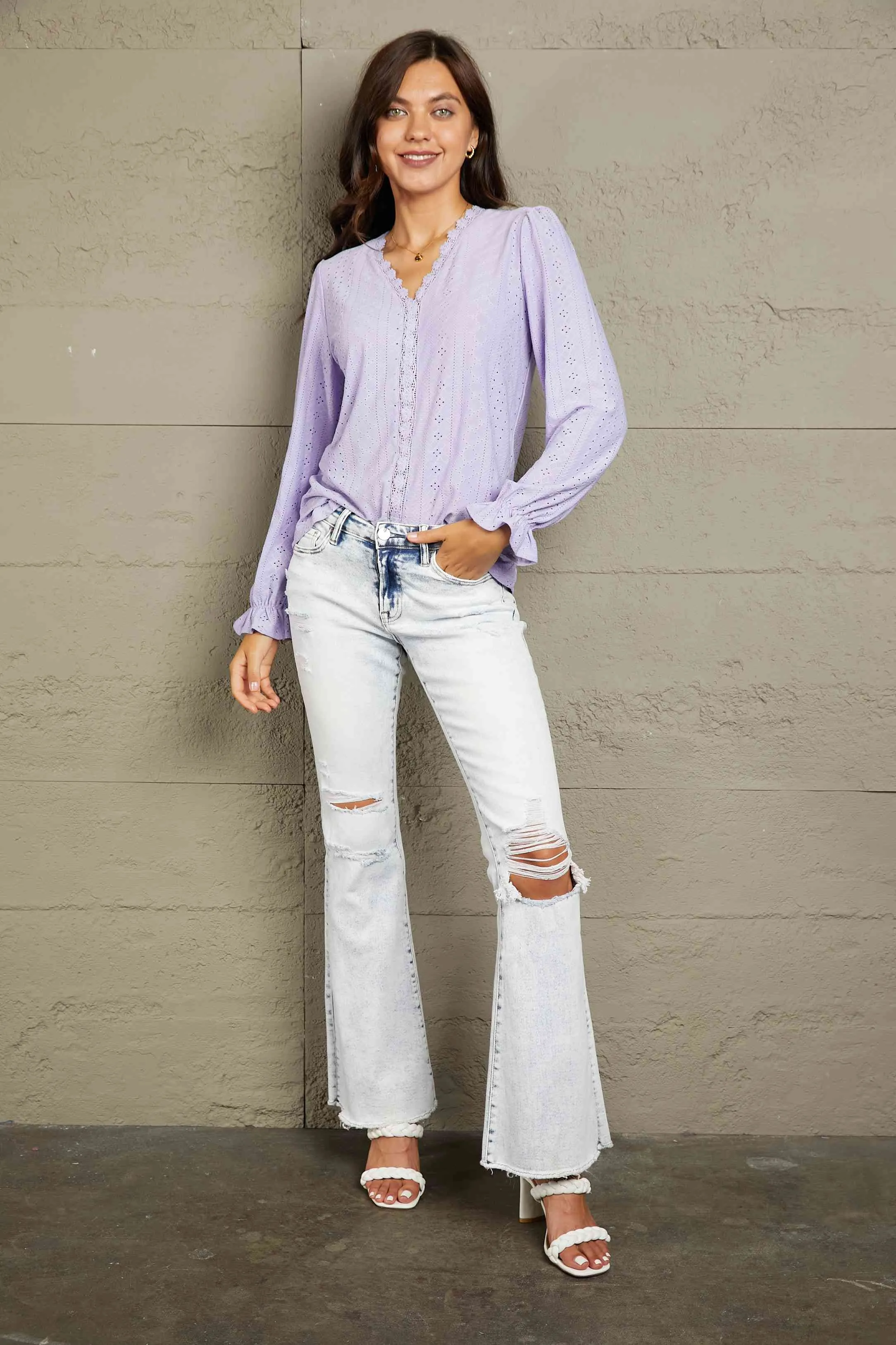 Double Take Eyelet V-Neck Flounce Sleeve Blouse