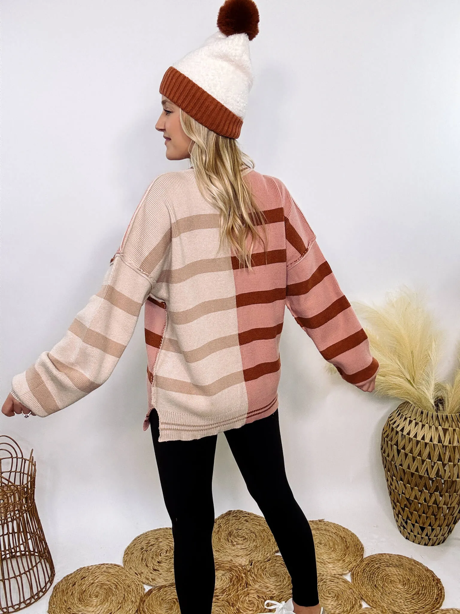 Ecru and Mauve Striped Colorblock Oversized Sweater