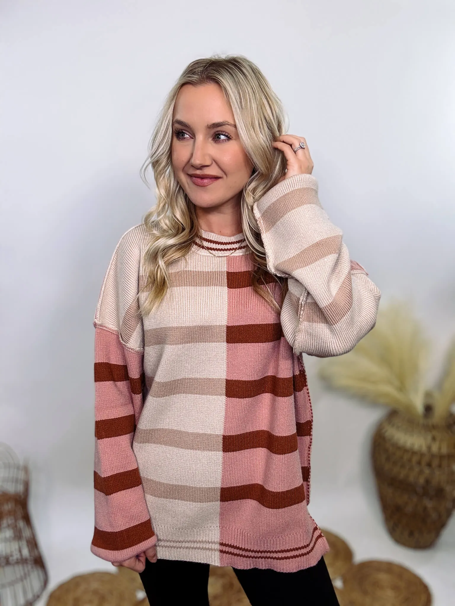 Ecru and Mauve Striped Colorblock Oversized Sweater