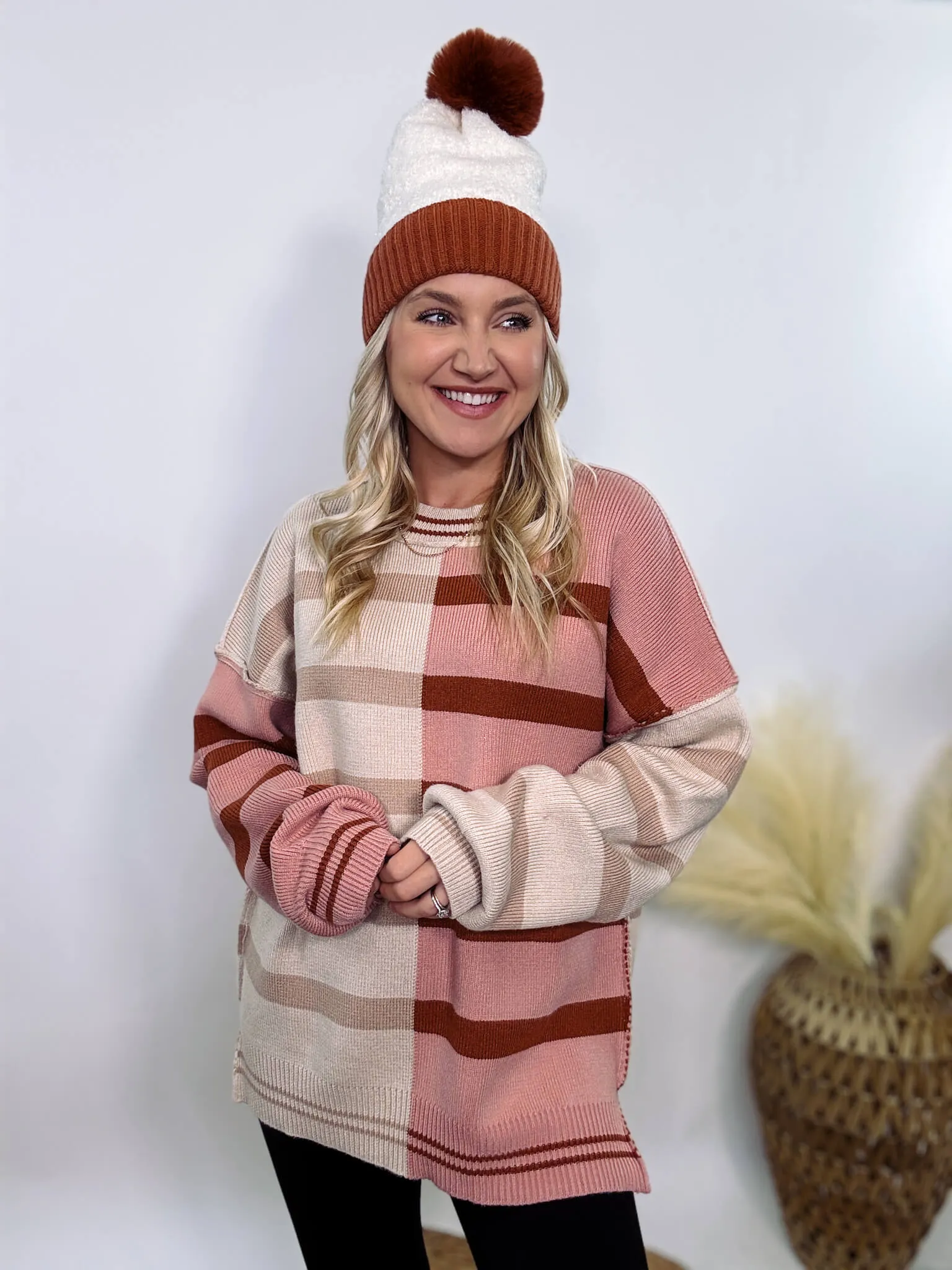 Ecru and Mauve Striped Colorblock Oversized Sweater