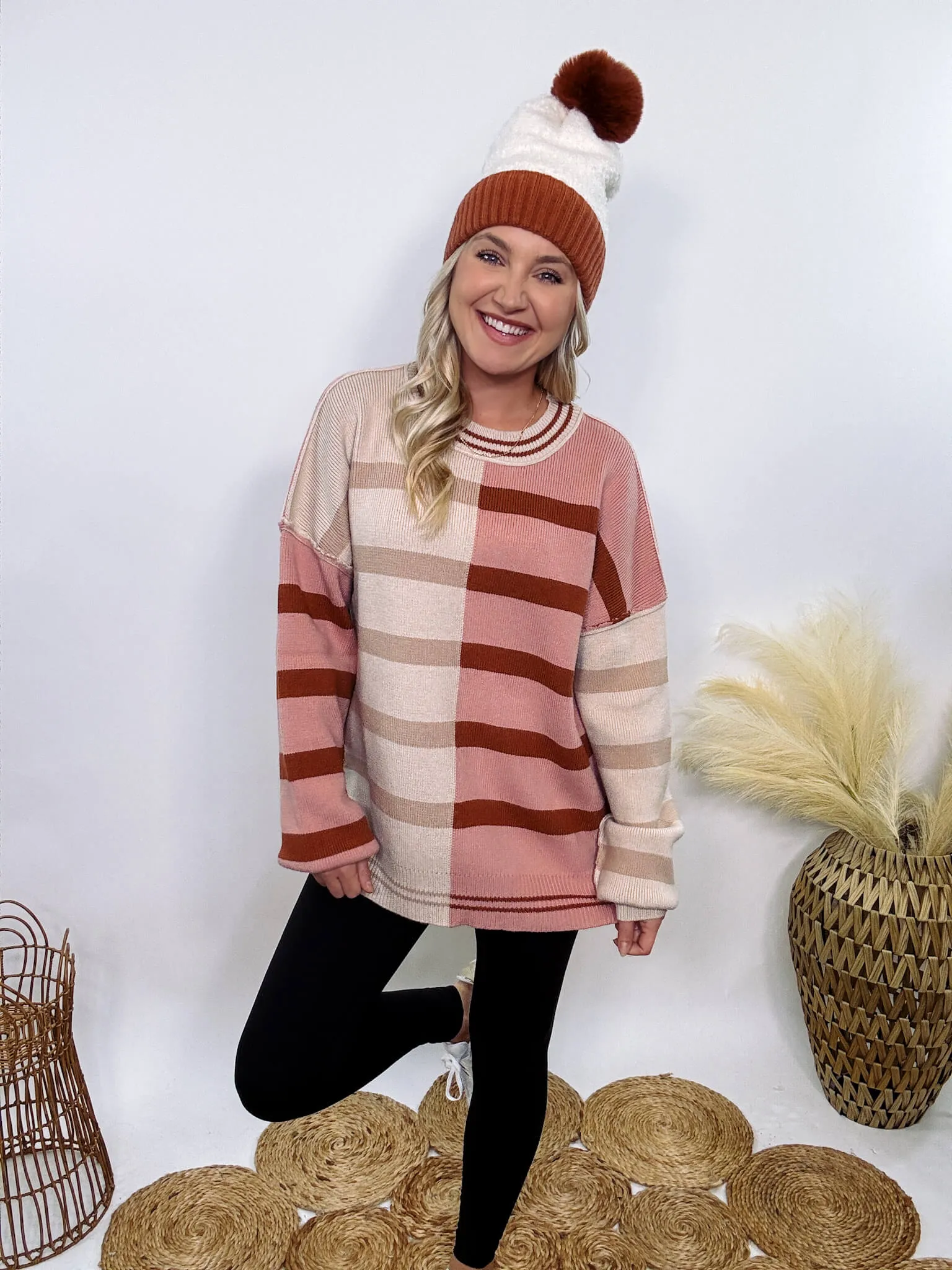 Ecru and Mauve Striped Colorblock Oversized Sweater