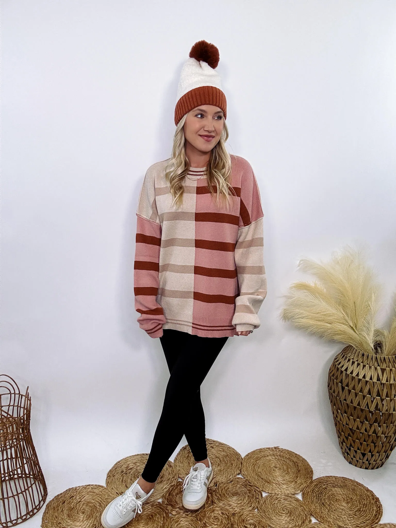 Ecru and Mauve Striped Colorblock Oversized Sweater