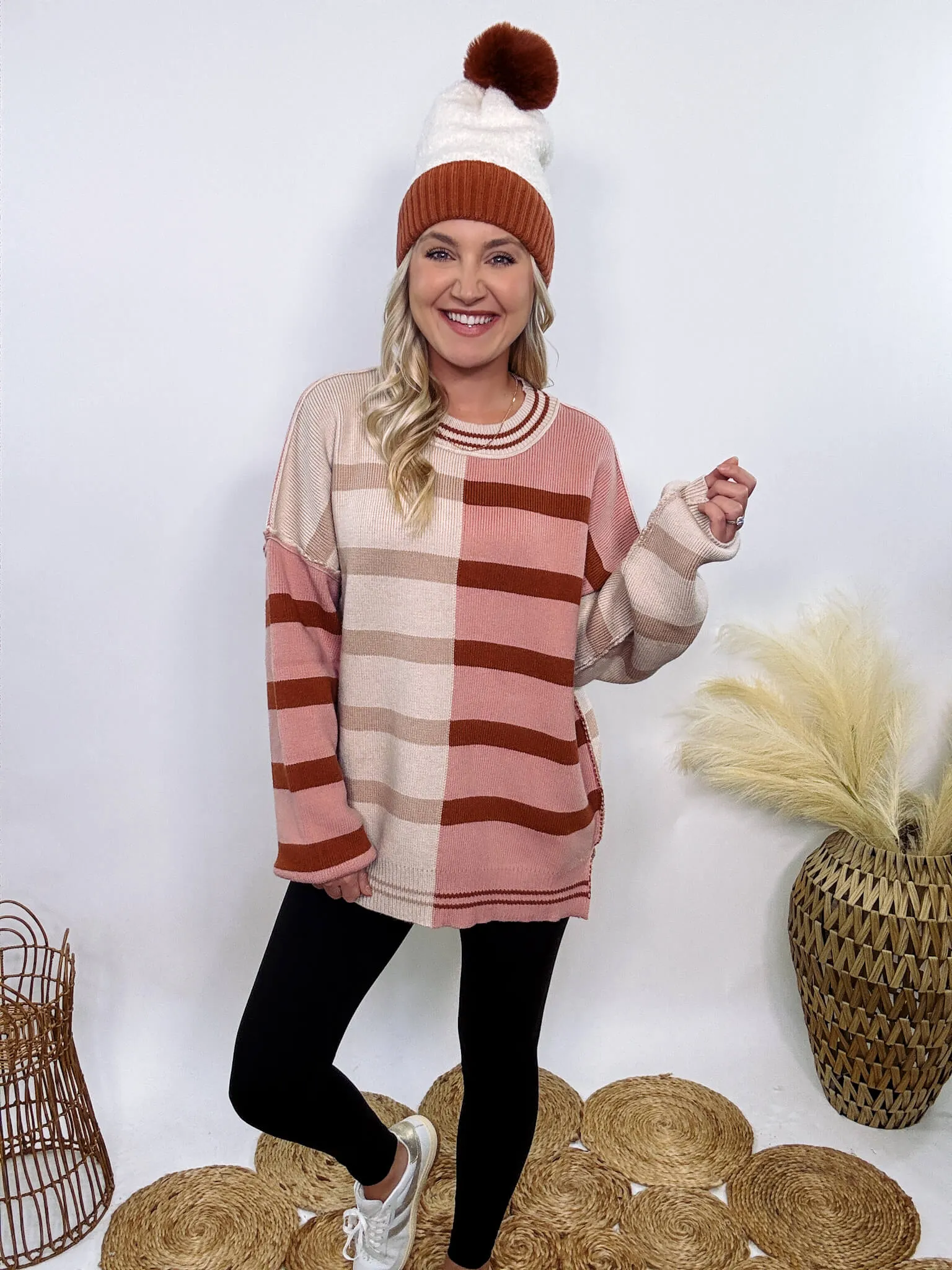 Ecru and Mauve Striped Colorblock Oversized Sweater