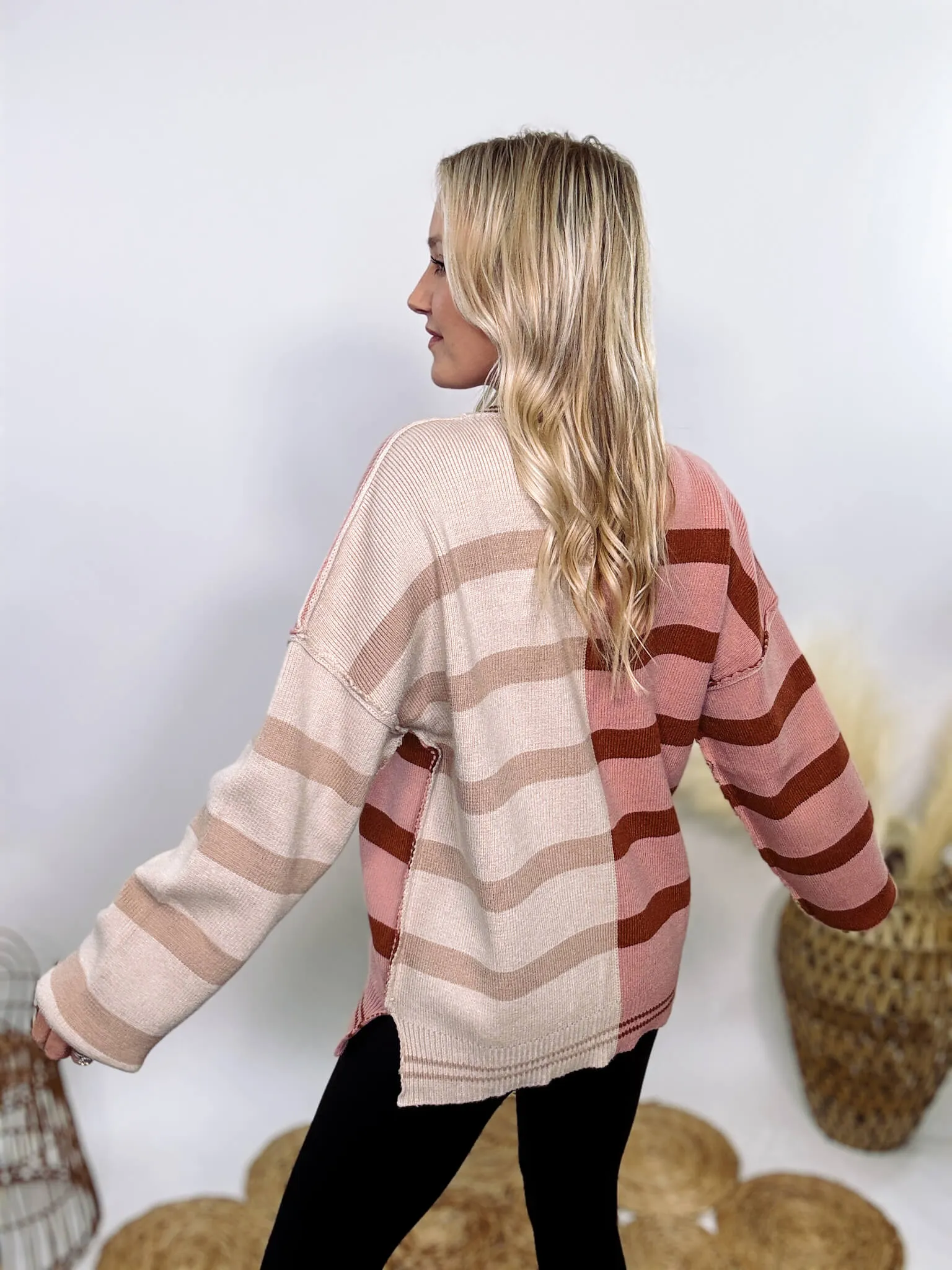 Ecru and Mauve Striped Colorblock Oversized Sweater