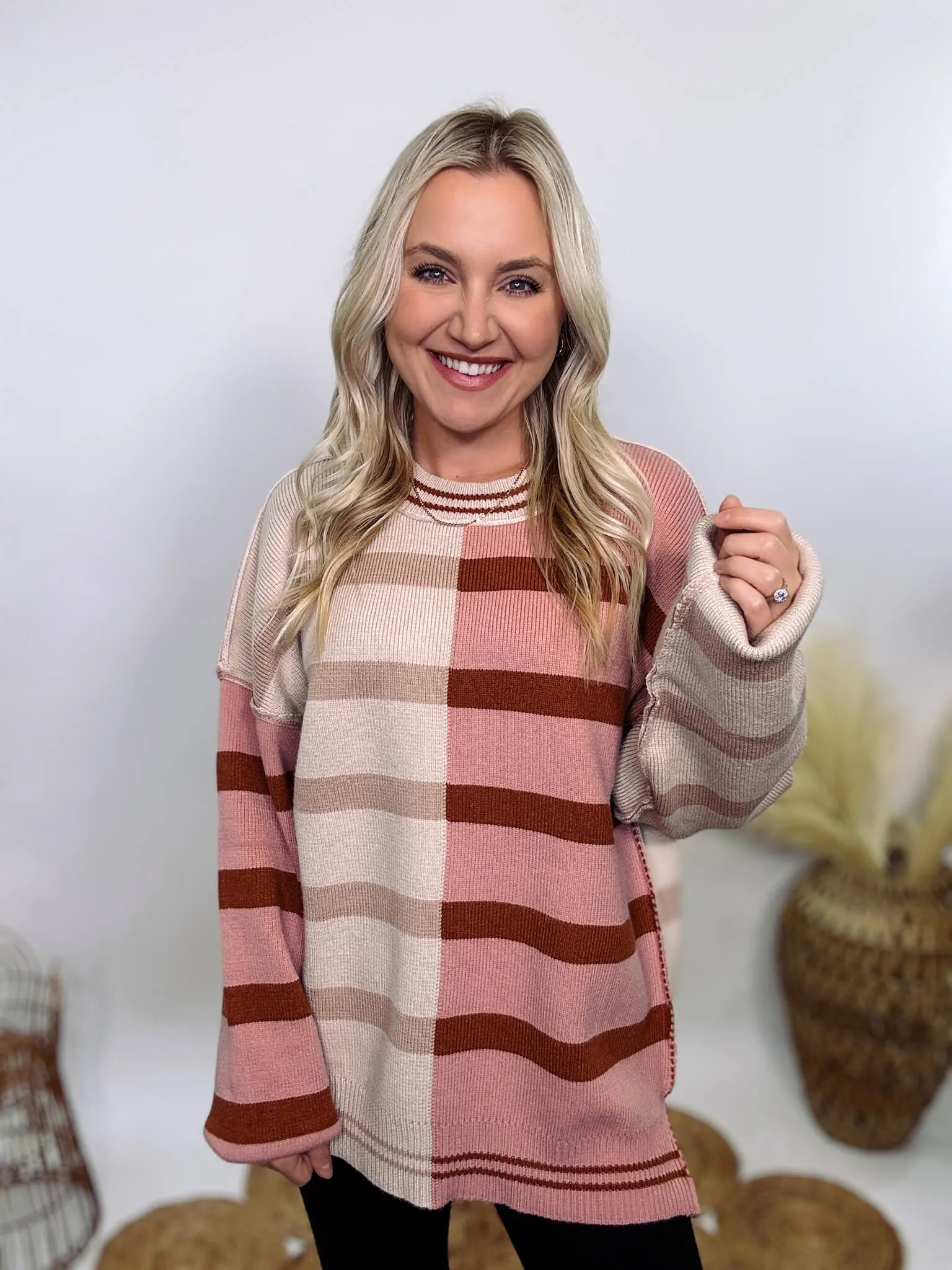 Ecru and Mauve Striped Colorblock Oversized Sweater