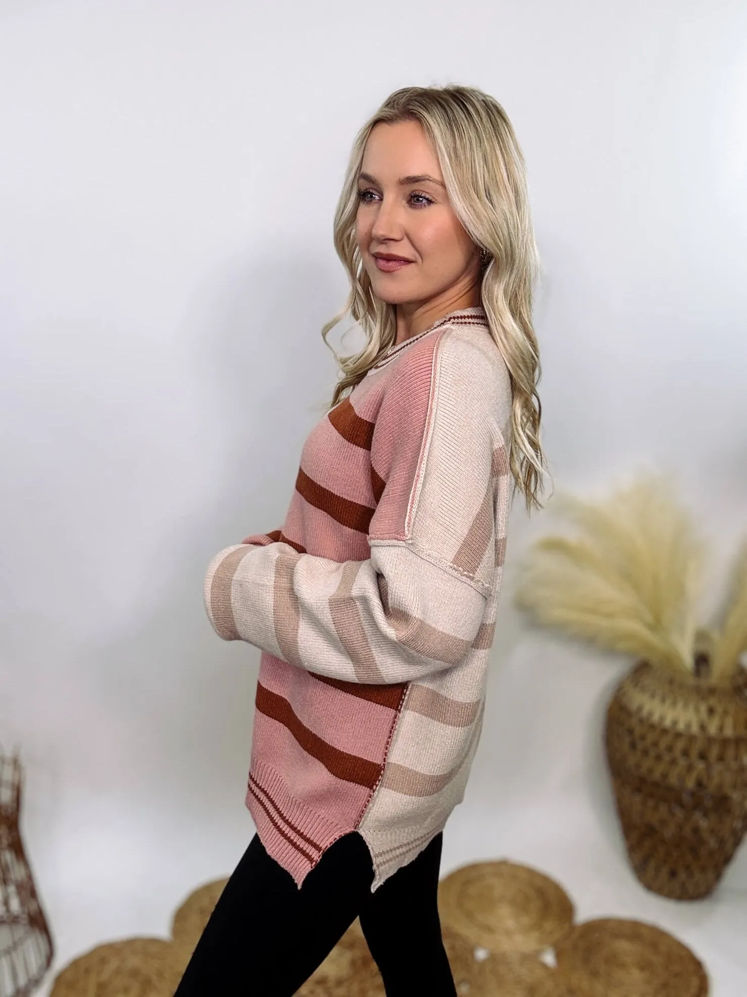 Ecru and Mauve Striped Colorblock Oversized Sweater