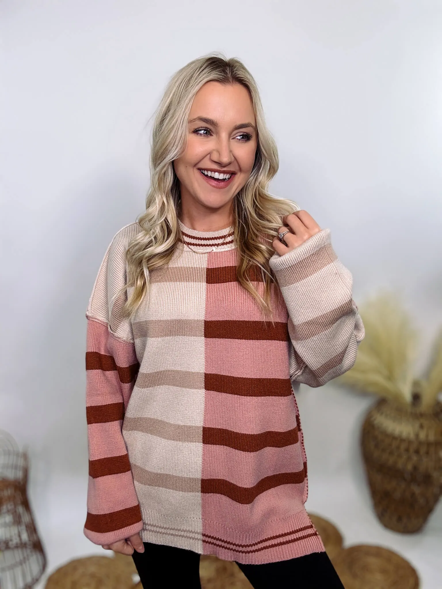 Ecru and Mauve Striped Colorblock Oversized Sweater