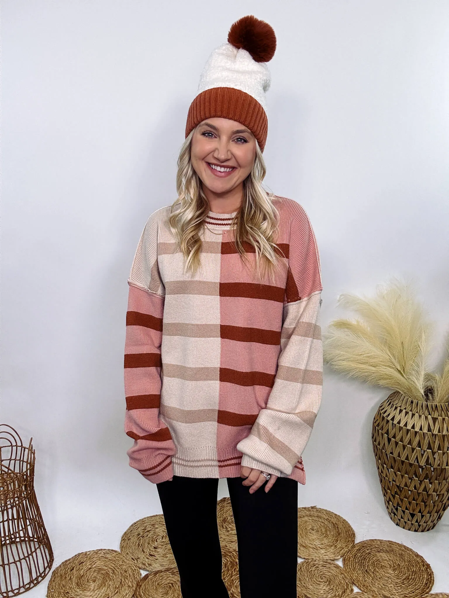 Ecru and Mauve Striped Colorblock Oversized Sweater