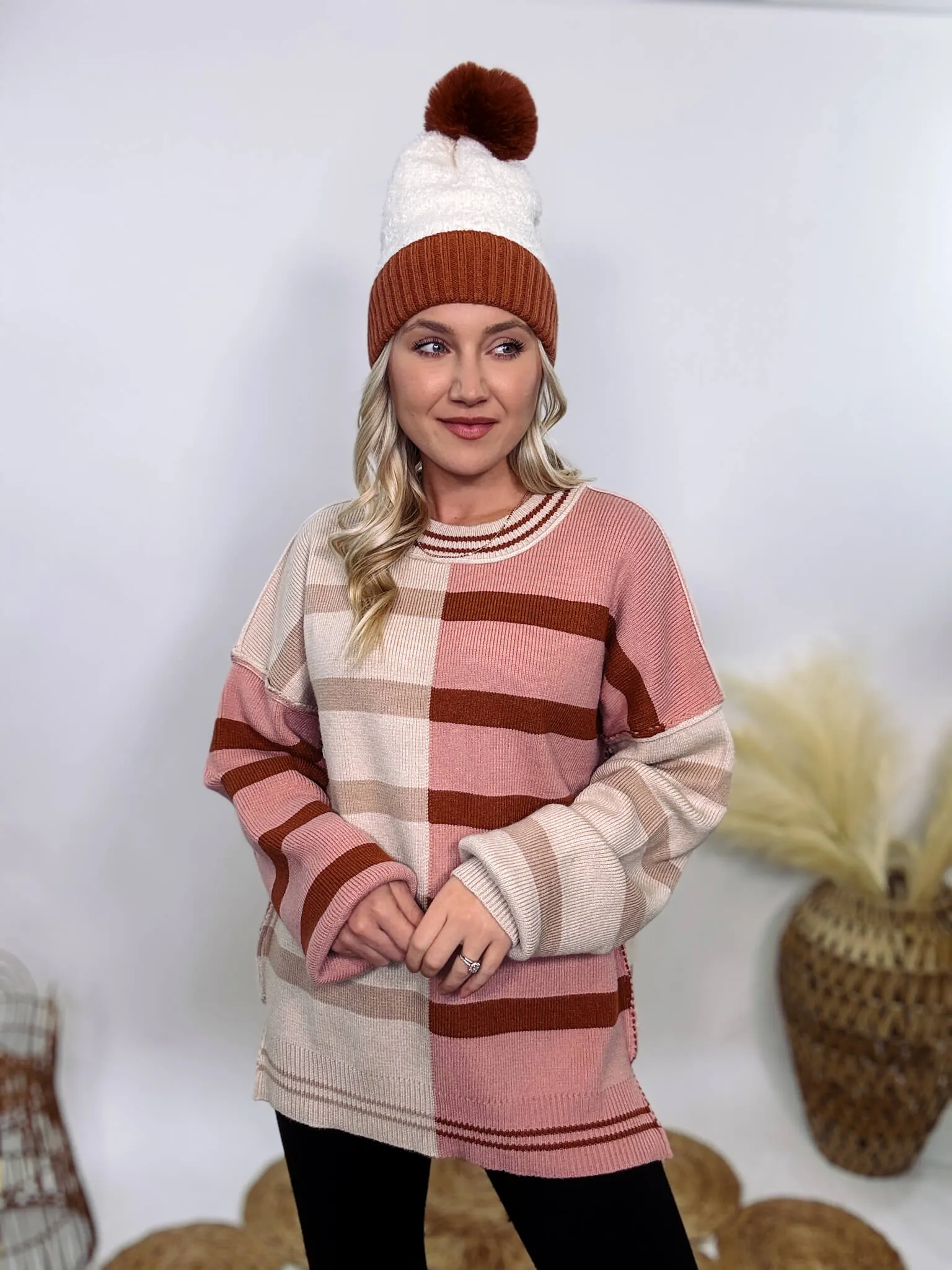 Ecru and Mauve Striped Colorblock Oversized Sweater