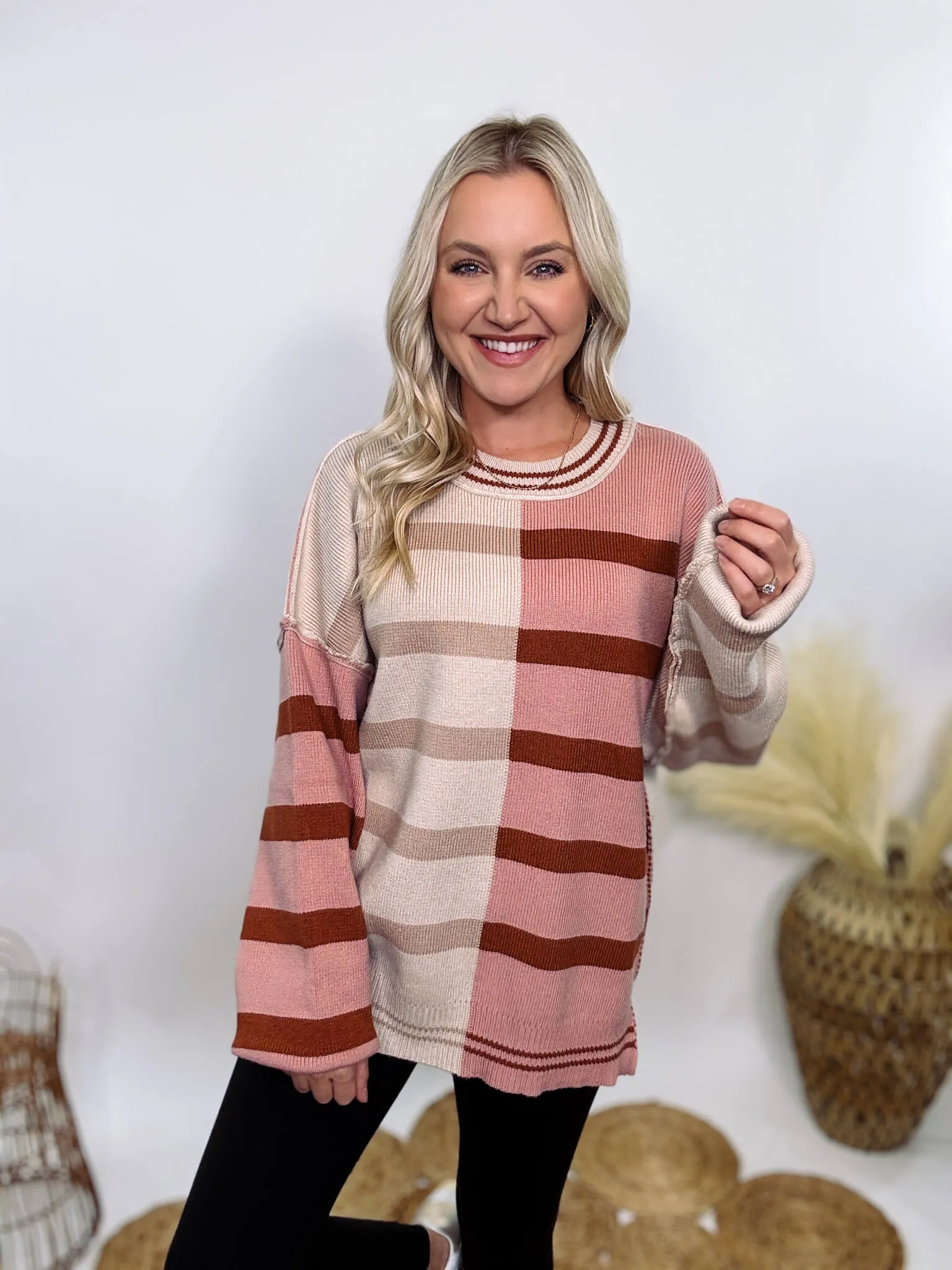 Ecru and Mauve Striped Colorblock Oversized Sweater