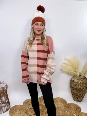 Ecru and Mauve Striped Colorblock Oversized Sweater