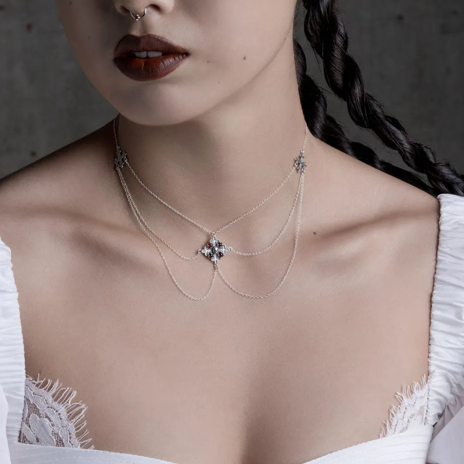 ELVIRA. Medieval Cross Garnet Necklace  - Silver