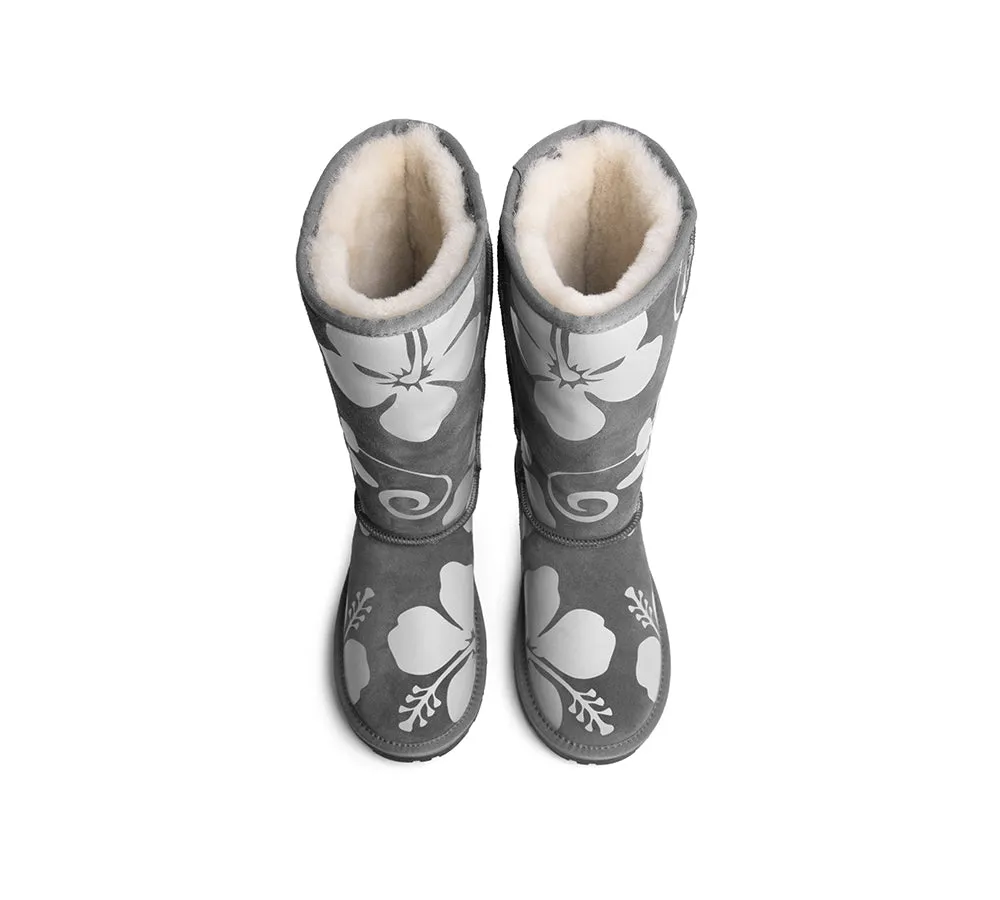 EVERAU® UGG Boots Sheepskin Wool Grey Floral Print Tall Classic Suede EU41