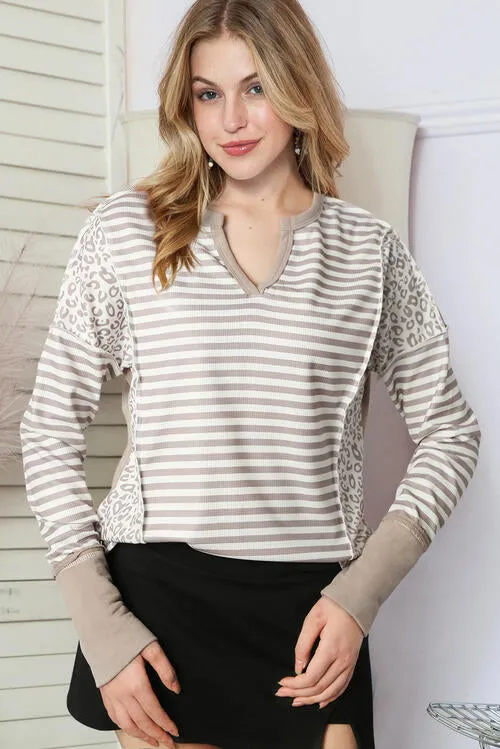 Exposed Seam Striped Notched Blouse