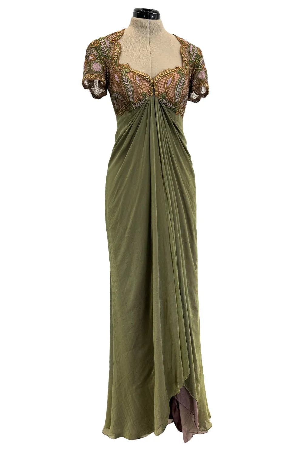 Fall 1996 Pierre Balmain by Oscar de la Renta Haute Couture Layered Silk Chiffon Dress w Embroidered Bodice