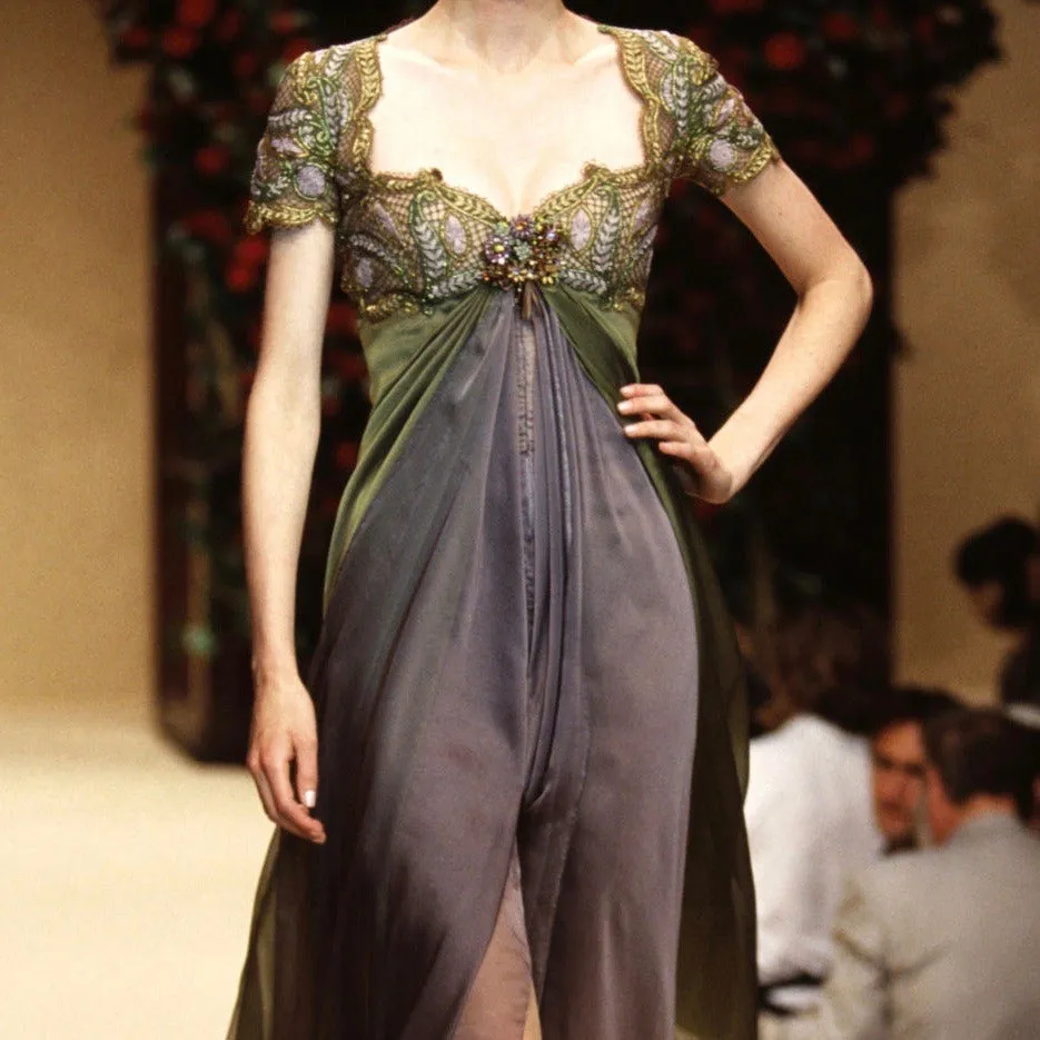 Fall 1996 Pierre Balmain by Oscar de la Renta Haute Couture Layered Silk Chiffon Dress w Embroidered Bodice