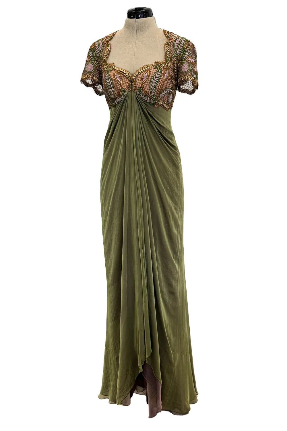 Fall 1996 Pierre Balmain by Oscar de la Renta Haute Couture Layered Silk Chiffon Dress w Embroidered Bodice