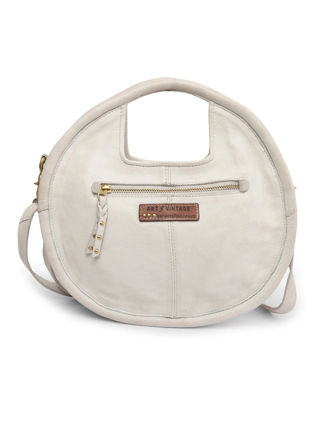 Floral Bliss: Round White Leather Handbag with Flower Embroidery