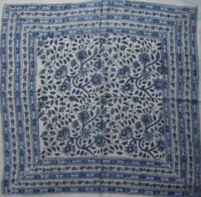 Floral Block Print Scarf Soft Light Cotton 20 x 20 Blue