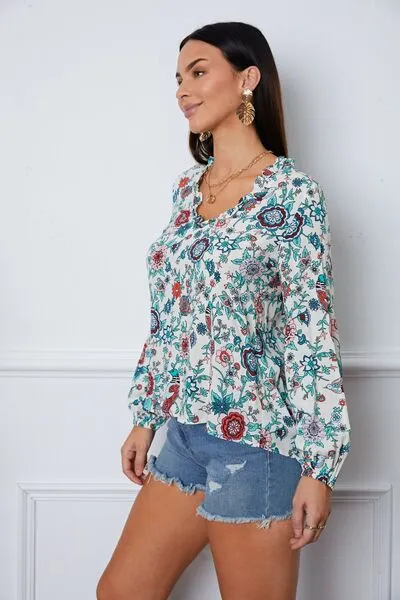 Floral Notched Long Sleeve Blouse